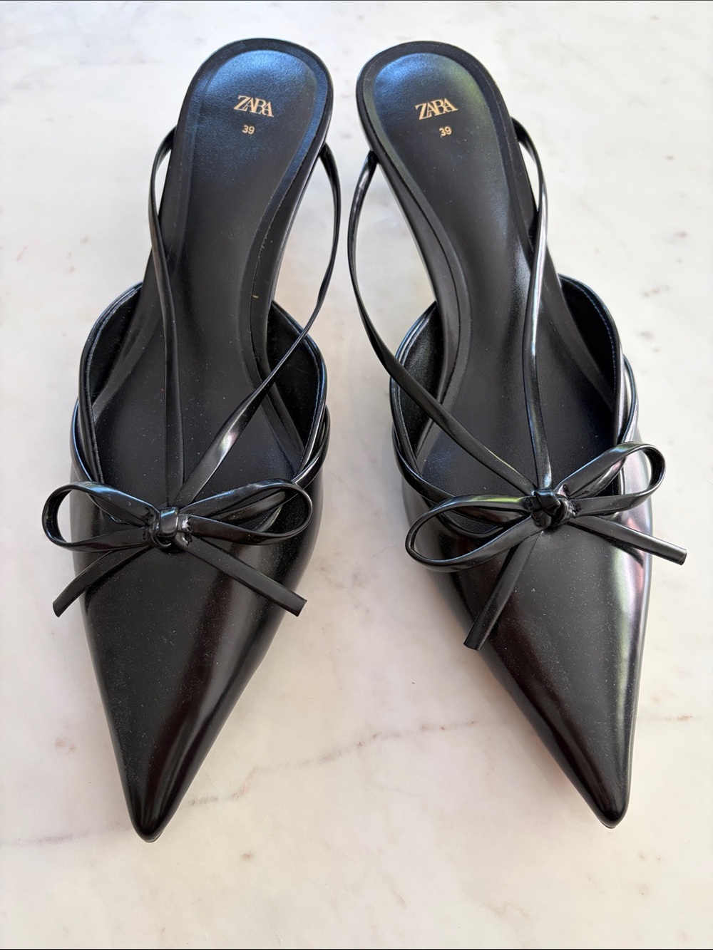 ZARA Black Pointed Bow Slingback Mules